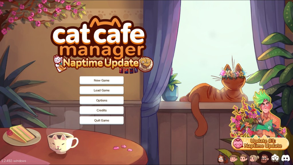 Screenshot: Title screen of Cat Cafe Manager. A cartoon-style orange cat sits in a window, wearing a flower crown. There is a small table in the foreground, holding a cup of tea in a cat-face-shaped tea cup.