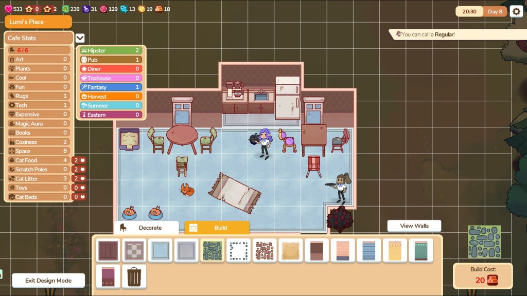 Screenshot: Building mode in Cat Cafe Manager. There are multiple floor and walls types as options at the bottom of the screen. Along the left is a list of "Cafe Stats" like Art, Tech, and Rugs.