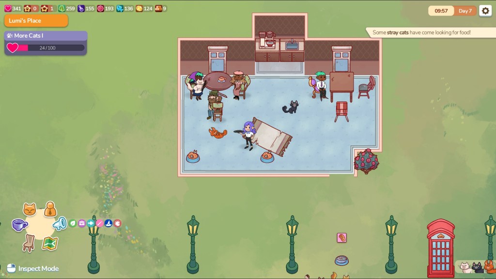 Screenshot: A small cafe at the start of the game. Four customers are sitting down, with three cats in the room. One cat is on a customer's lap. The furnishings look old and patched.