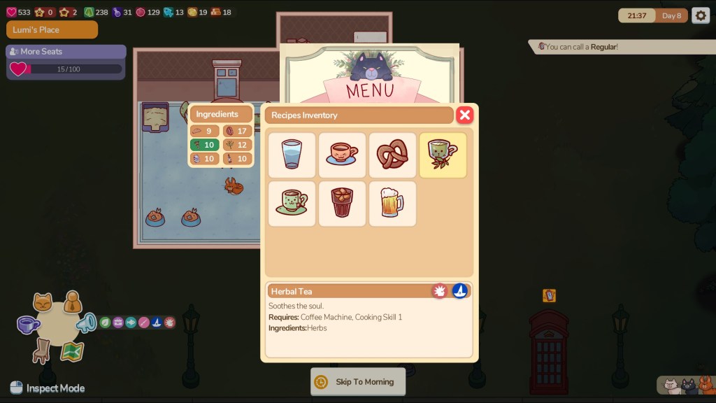 Screenshot: An example of some of the food. Water, coffee, pretzels, tea, iced coffee, and root beer. The tea and coffee cups are all cat shaped.