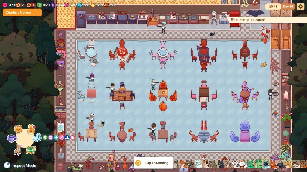 Screenshot from Cat Cafe Manager. My cafe is ridiculous. It really shows that I put a lot of time into the game, lol. The cat room doesn't even fit into the shot.