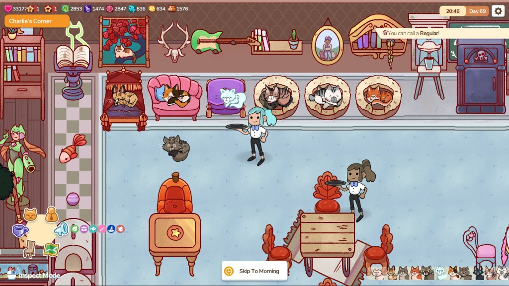 Screenshot from Cat Cafe Manager, a close up of multiple cartoon kitties sleeping in fancy beds.