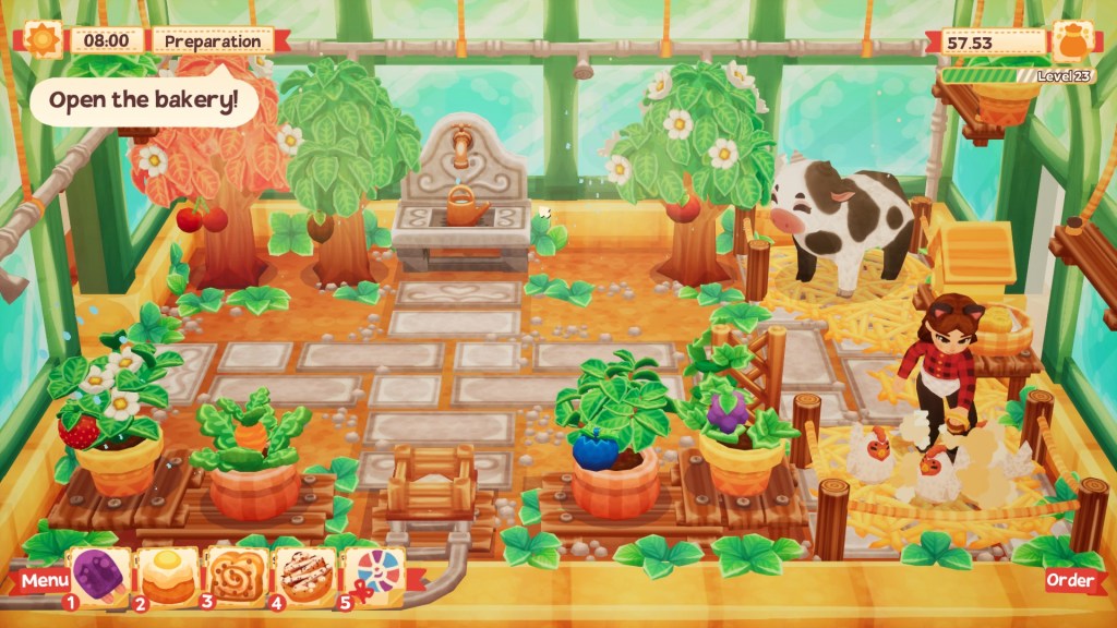 Player character is brushing the chickens. The greenhouse now also has a cow and a beehive, besides the fruits and other ingredients.