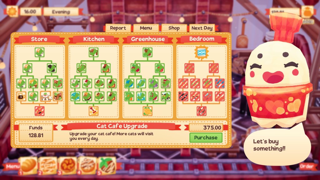 The shop tree, showing many more options unlocked than last time I posted. One of the ones I'm shooting for is the Cat Cafe Upgrade. "More cats will visit you every day."