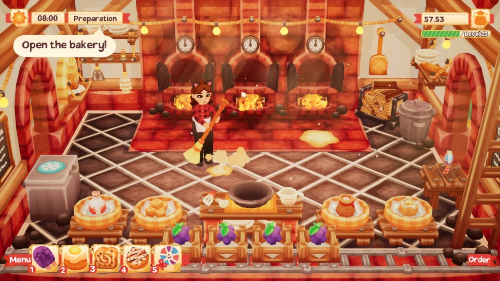 Player character is sweeping up flour piles in their kitchen. There's fire in three ovens behind them, and a cooler along one side of the room.