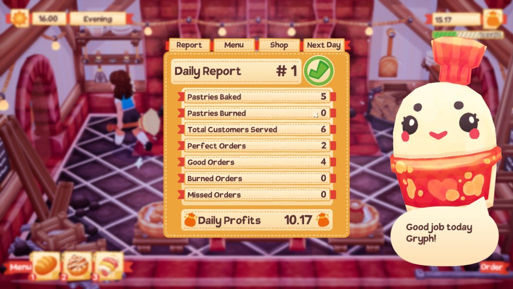 Lemon Cake - A daily report showing stats such as Pastries Baked, Pastries Burned, and Perfect Orders. Miss Bonbon is saying, "Good job today Gryph!"