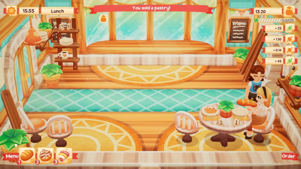 Lemon Cake - A customer eats a baguette while the player character looks on, smiling.