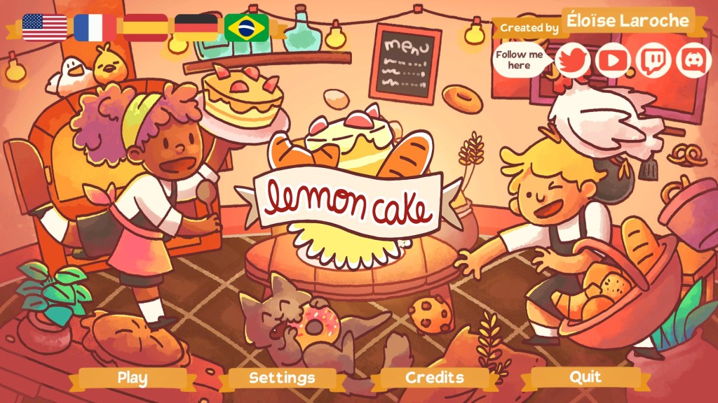 Lemon Cake title screen. Cartoon people scramble to deliver pastries while a cat snacks on a doughnut.