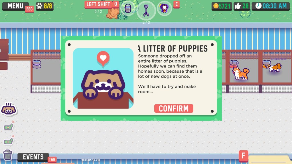Screenshot from To The Rescue! A cartoon-style pop up is letting the player know an entire litter of puppies has just been dropped off, and they'd better make room quick!