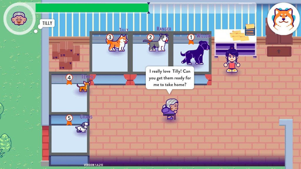 Five kennels are arranged in the corner of a room, with a different dog in each. An older woman is saying, "I really love Tilly! Can you get them ready for me to take home?"