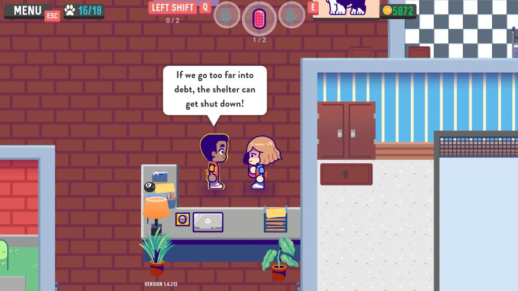 An NPC explains to the player that "If we go too far into debt, the shelter can get shut down!"