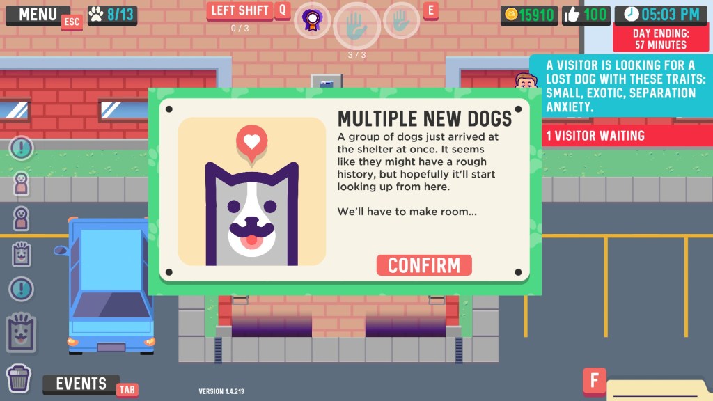 Cartoon popup warning the player that Multiple New Dogs have just arrived and we will have to make room.
