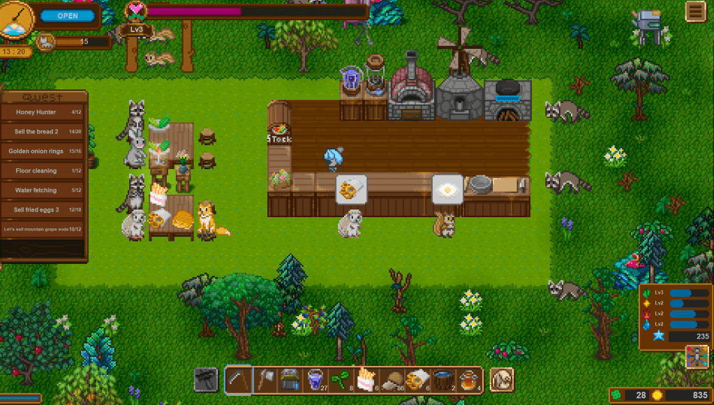 A hedgehog is at the counter ordering onion rings, and a squirrel orders a fried egg.