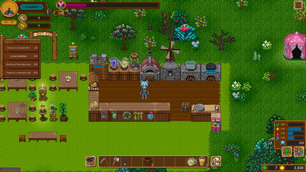 The diner is closed for the day. You can see various decorations the player either purchased or was gifted by animals hanging on the side of the counter. A couple places at the tables are dirty, showing smudged marks, though you can't see the bright green bubble animation in this pic.