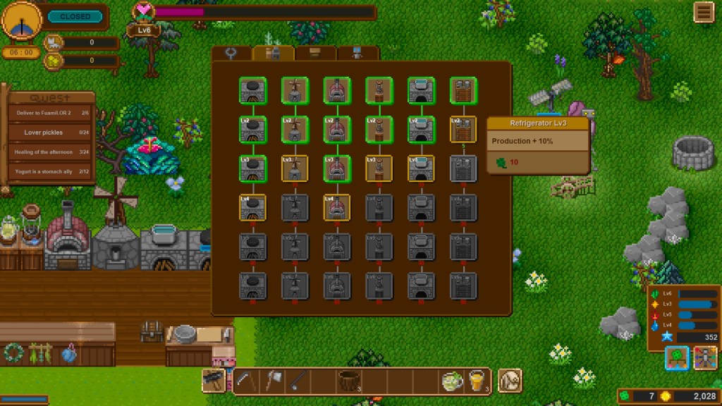 A bonus skill tree showing you can unlock increased production over various activities.