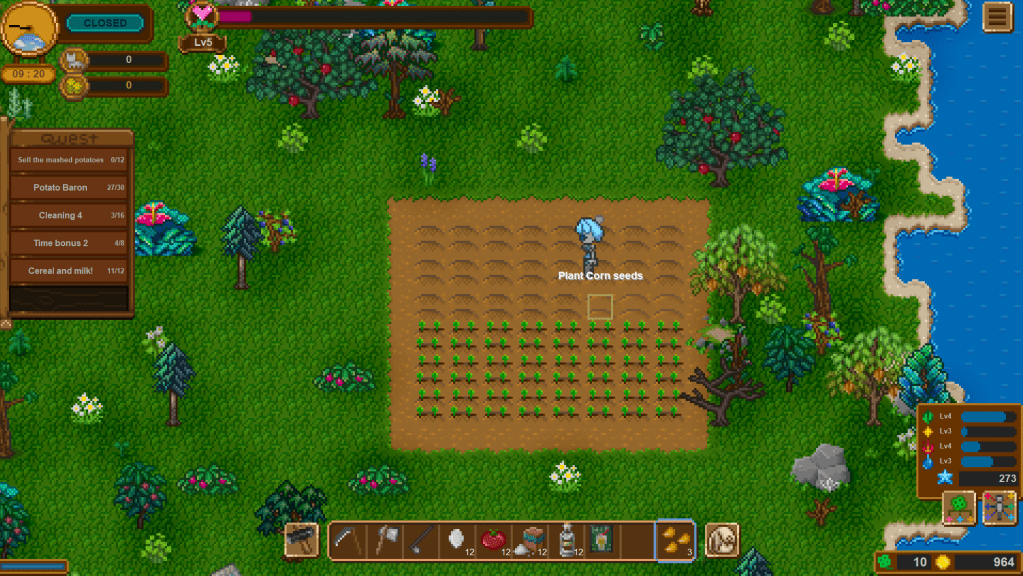 The player robot is planting corn seeds in a smallish 6x8 garden plot.