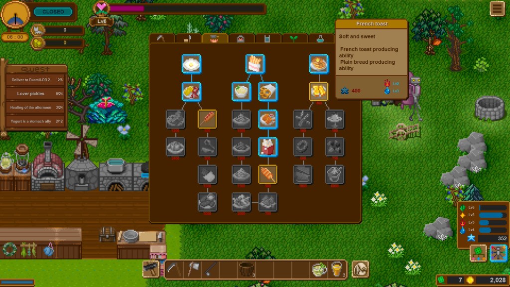 A recipe skill tree. This one shows various foods made in a frying pan, like fried eggs, pancakes, and popcorn. There are other tabs in this menu for recipe trees for the oven and other appliances. There's also farming, foraging, and alchemy.