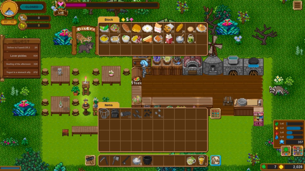 Player robot is standing in a kitchen with multiple ovens, stoves, etc. She ahs her "stock" box open showing various foods including salads, fries, pancakes, soup, popcorn, and yogurt.