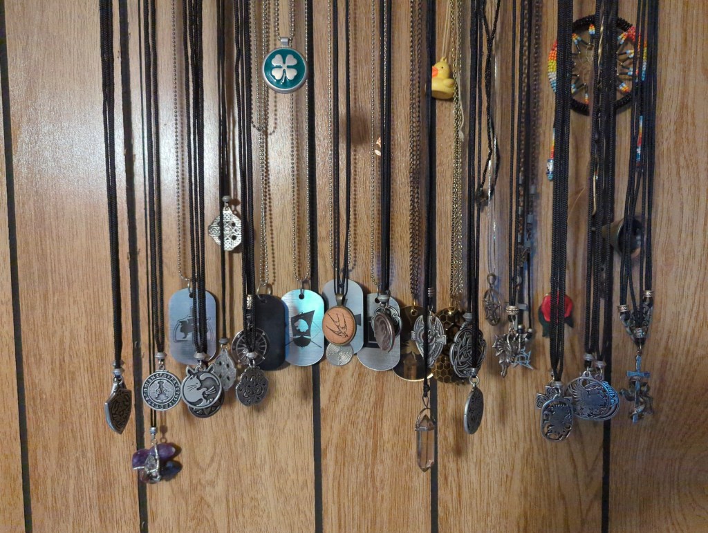 A ridiculous number of necklaces, most of them silver or pewter on black cords.